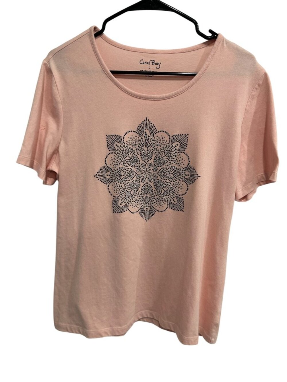 Coral Bay Women's Pink Short Sleeve Rhinestone Mandala T-Shirt Size L Boho Glam